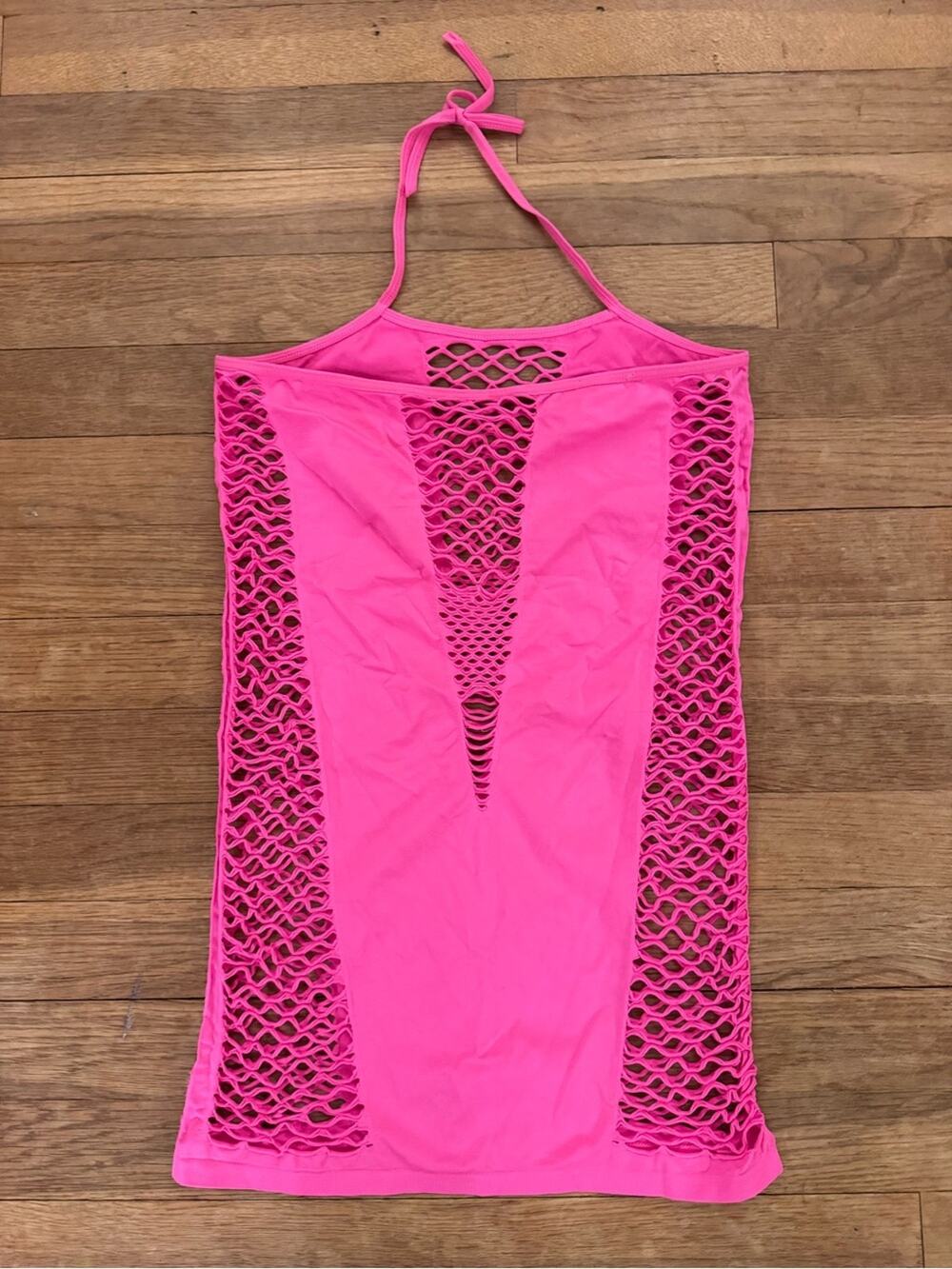 Women's Neon Pink Mini Length Fishnet Halter Swim Cover-Up - Size XS
 b62